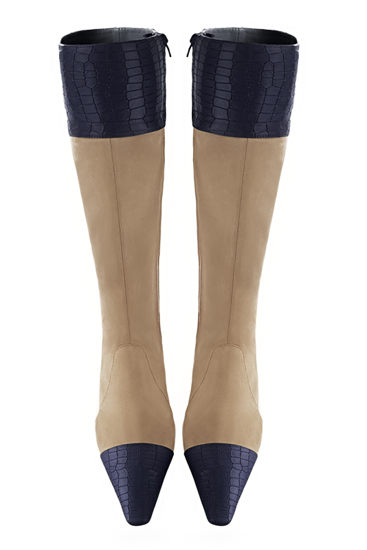Navy blue and tan beige women's feminine knee-high boots. Tapered toe. Medium block heels. Made to measure. Top view - Florence KOOIJMAN